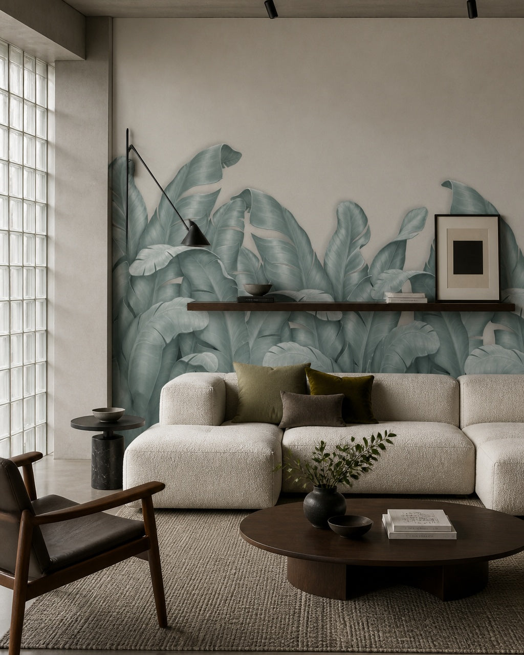 Sage banana leaves wallpaper in a designer living room.