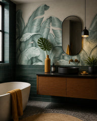 Sage banana leaves wallpaper in a luxury bathroom.