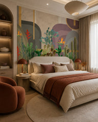 Cactus garden wallpaper in a designer bedroom.