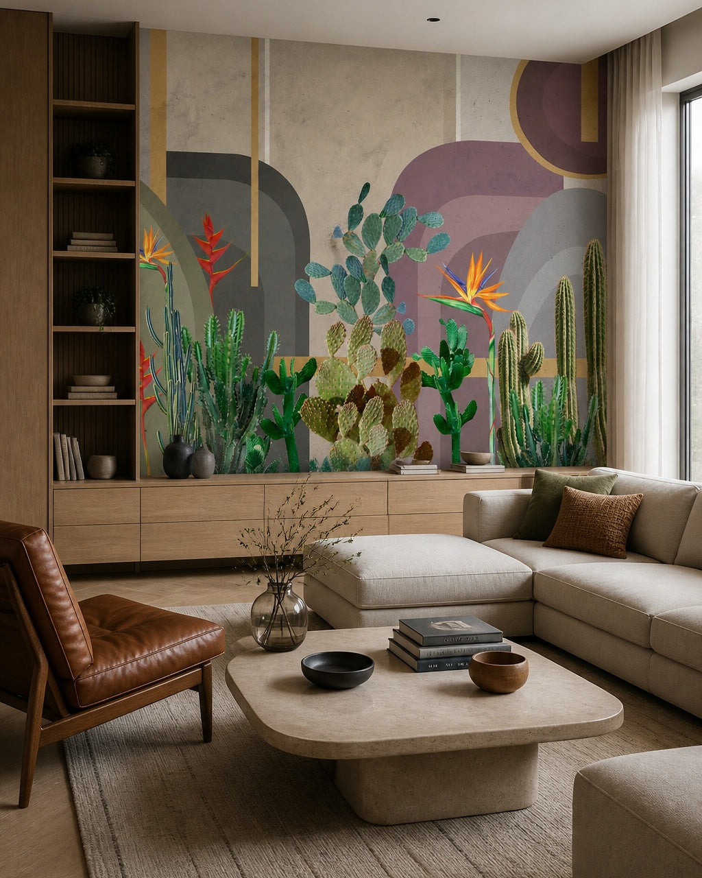 Cactus garden wallpaper in a designer living room.