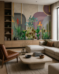 Cactus garden wallpaper in a designer living room.