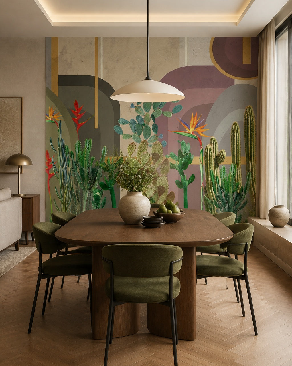 Cactus garden wallpaper in a refined dining area.