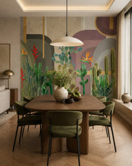 Cactus garden wallpaper in a refined dining area.