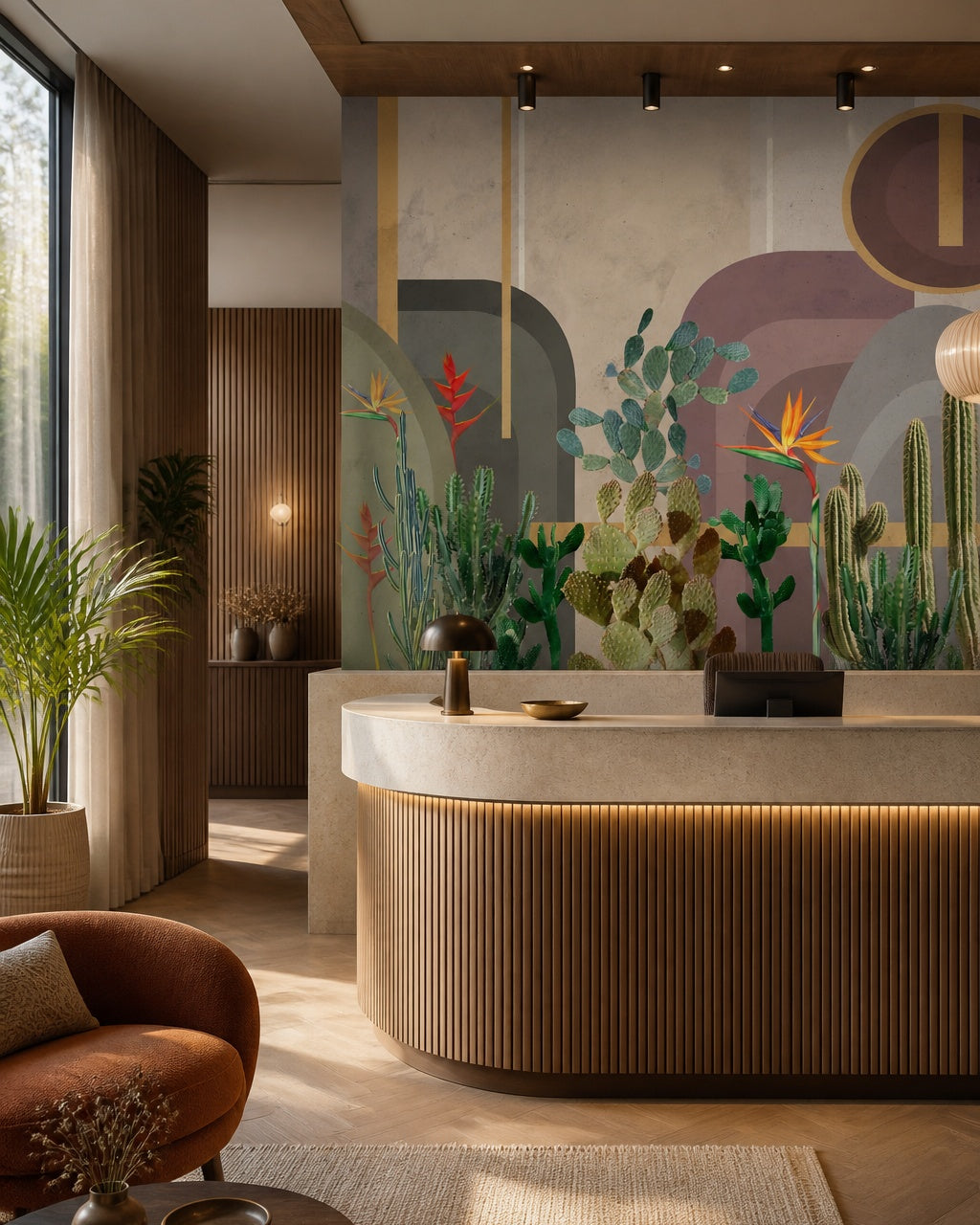 Cactus garden wallpaper in a boutique hotel lobby.