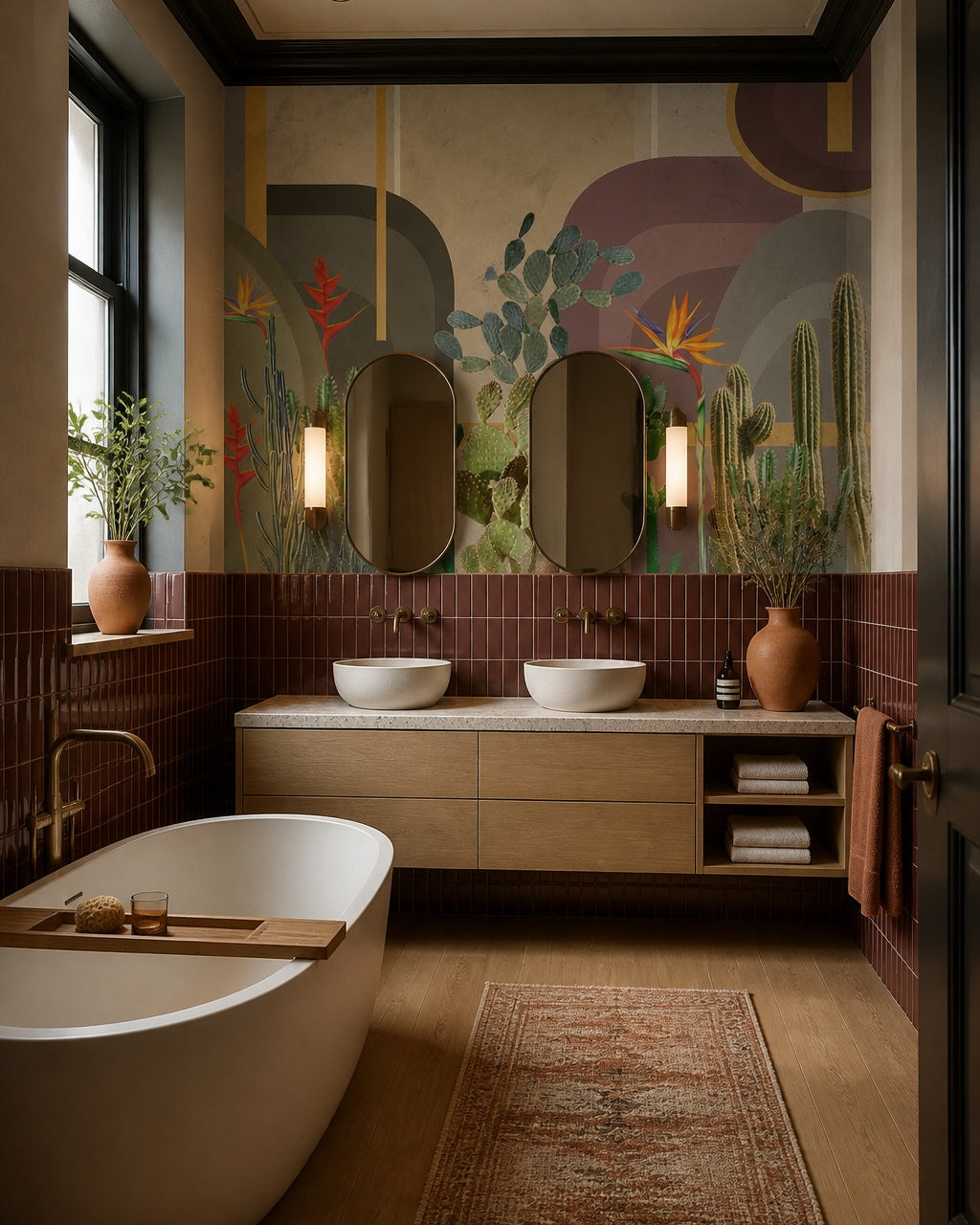 Cactus garden wallpaper in a luxury bathroom.