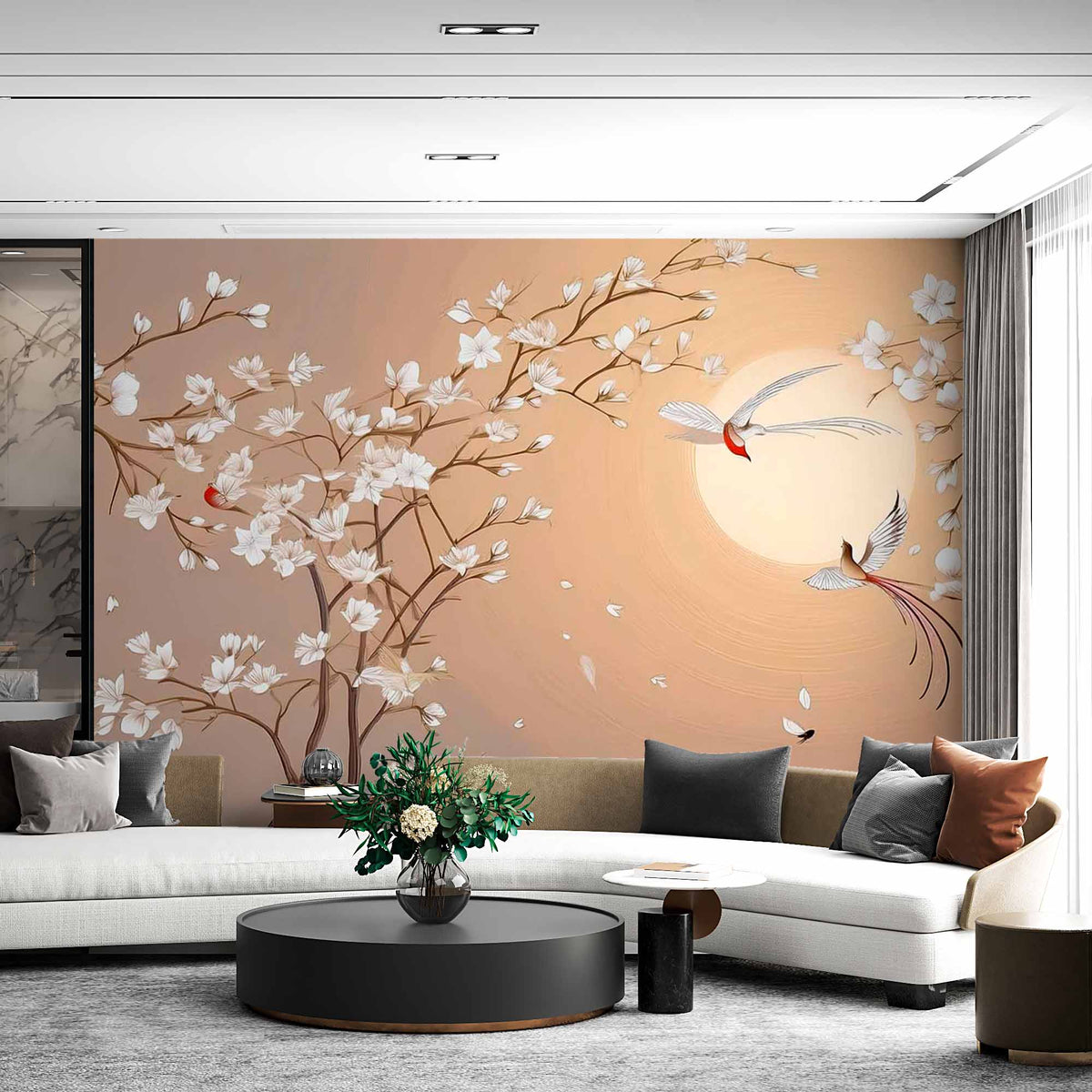 Fototapete Vögel und Blüten – Chinoiserie-Zweige und Mond auf Pfirsich