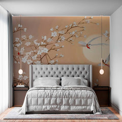 Custom Birds and Blossoms Wallpaper Mural - Elegant Floral Design with Sunset Background