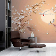 Custom Birds and Blossoms Wallpaper Mural - Elegant Floral Design with Sunset Background