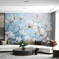 Custom Magnolia Blossom Wallpaper Mural - Soft Blue Floral Design