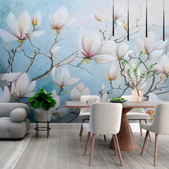 Custom Magnolia Blossom Wallpaper Mural - Soft Blue Floral Design