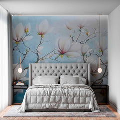 Custom Magnolia Blossom Wallpaper Mural - Soft Blue Floral Design