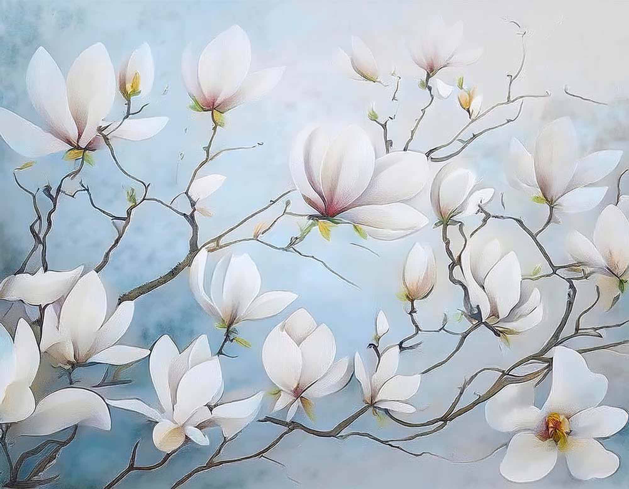 Tapeta kwiatowa magnolii - delikatny niebieski kwiatowy wzór