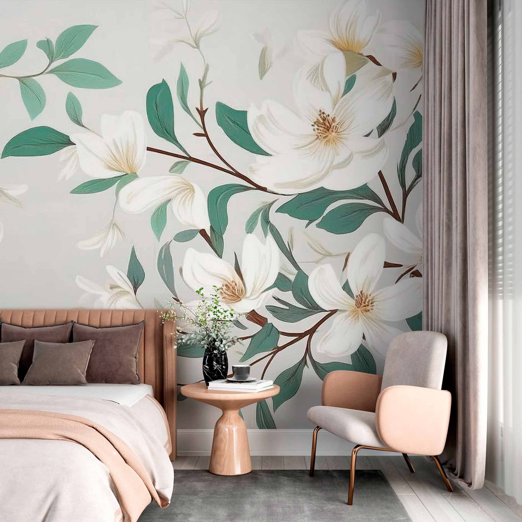 Tapeta Mural Gałąź Magnolii - Elegancki kwiatowy wzór w delikatnych odcieniach