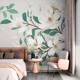 Tapeta Mural Gałąź Magnolii - Elegancki kwiatowy wzór w delikatnych odcieniach