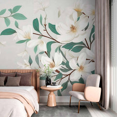 Custom Magnolia Branch Wallpaper Mural - Elegant Floral Design in Soft Tones