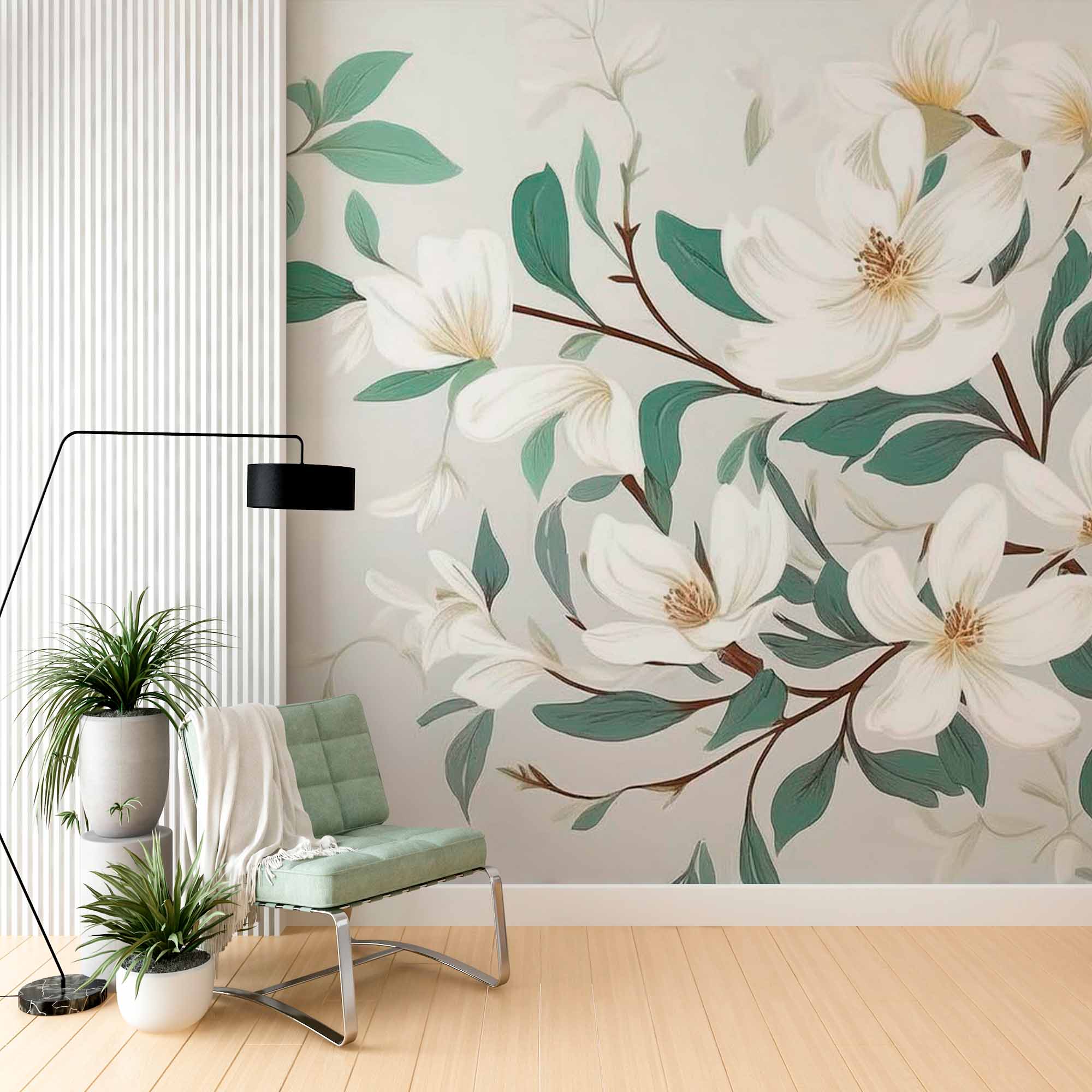 Tapeta Mural Gałąź Magnolii - Elegancki kwiatowy wzór w delikatnych odcieniach
