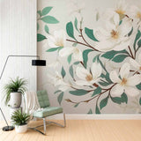 Tapeta Mural Gałąź Magnolii - Elegancki kwiatowy wzór w delikatnych odcieniach