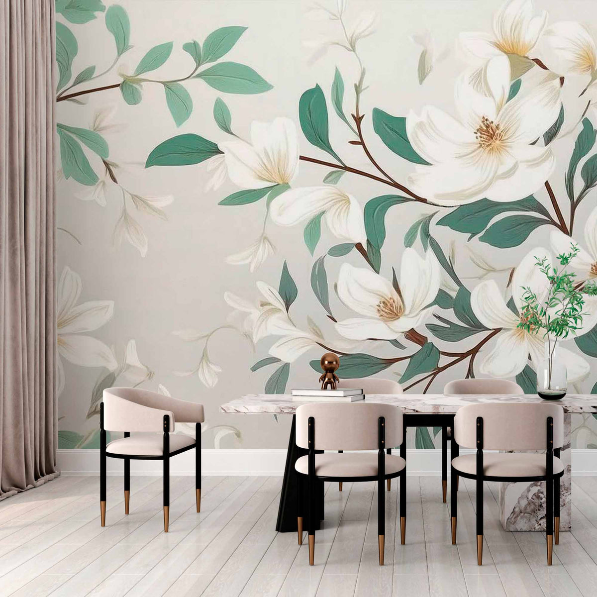 Fototapete Weißer Magnolienzweig – Grüne Blätter auf sanftem Grau