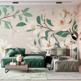 Tapeta Mural Gałąź Magnolii - Elegancki kwiatowy wzór w delikatnych odcieniach