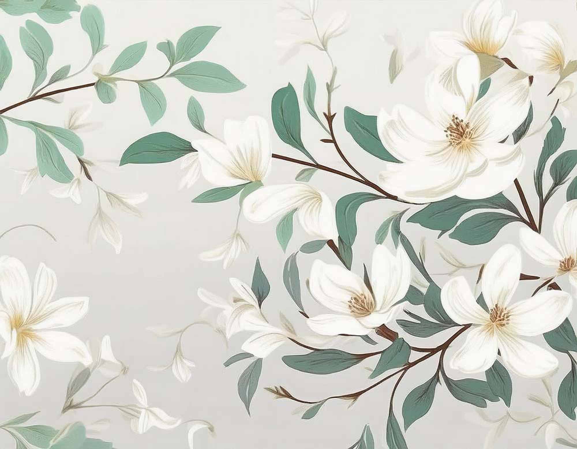 Tapeta Mural Gałąź Magnolii - Elegancki kwiatowy wzór w delikatnych odcieniach