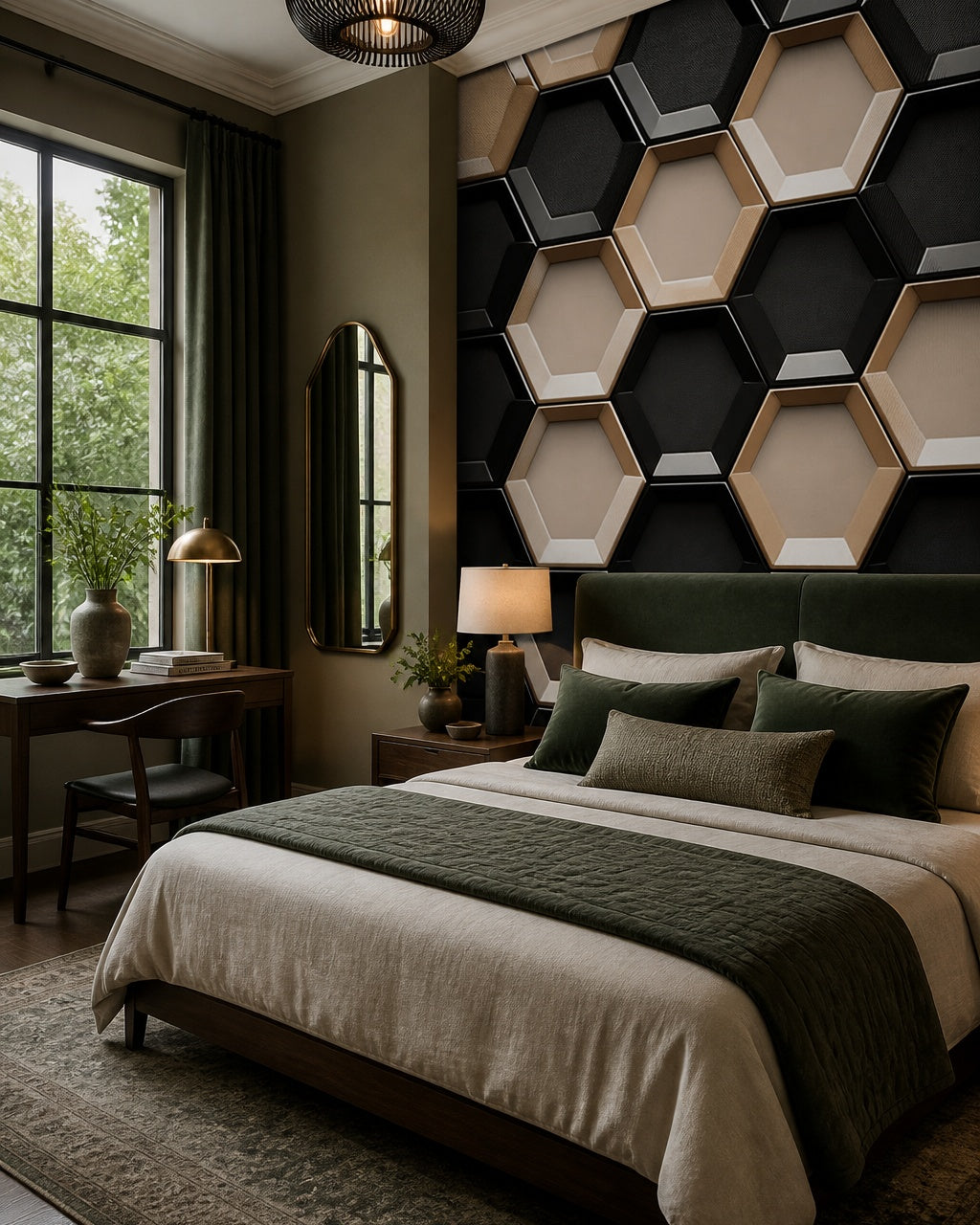 Modern hexagon wallpaper in a designer bedroom.