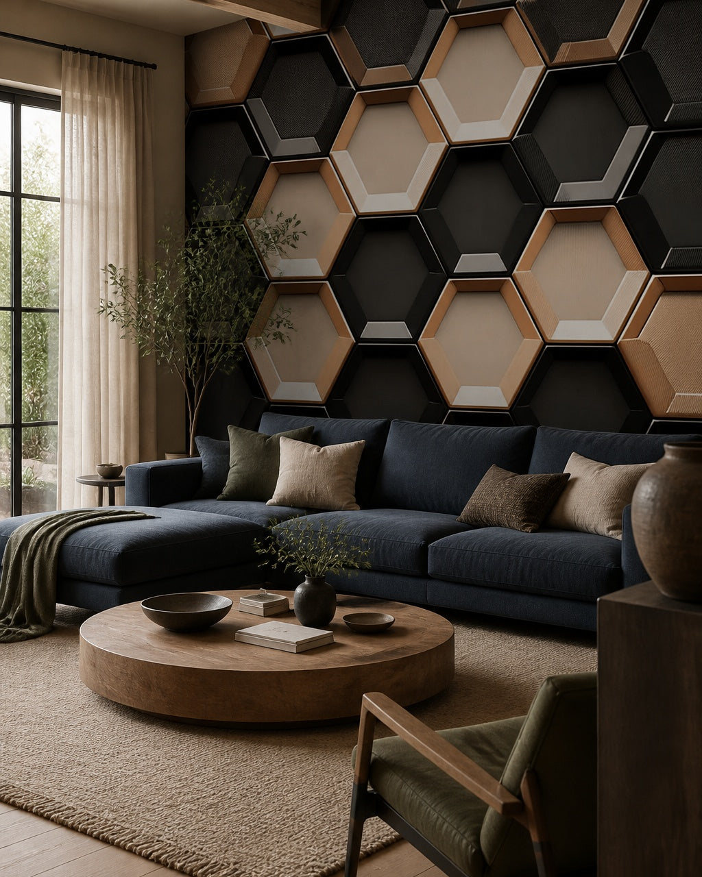 Modern hexagon wallpaper in a designer living room.