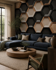 Modern hexagon wallpaper in a designer living room.