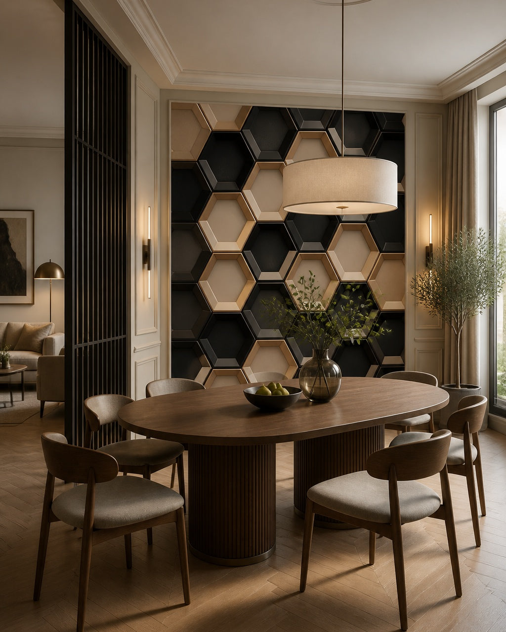 Modern hexagon wallpaper in a refined dining area.