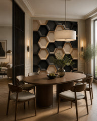 Modern hexagon wallpaper in a refined dining area.