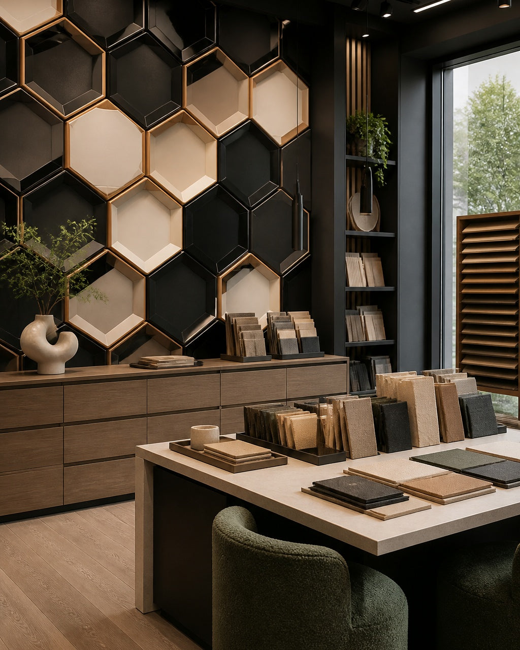 Modern hexagon wallpaper in a design showroom.