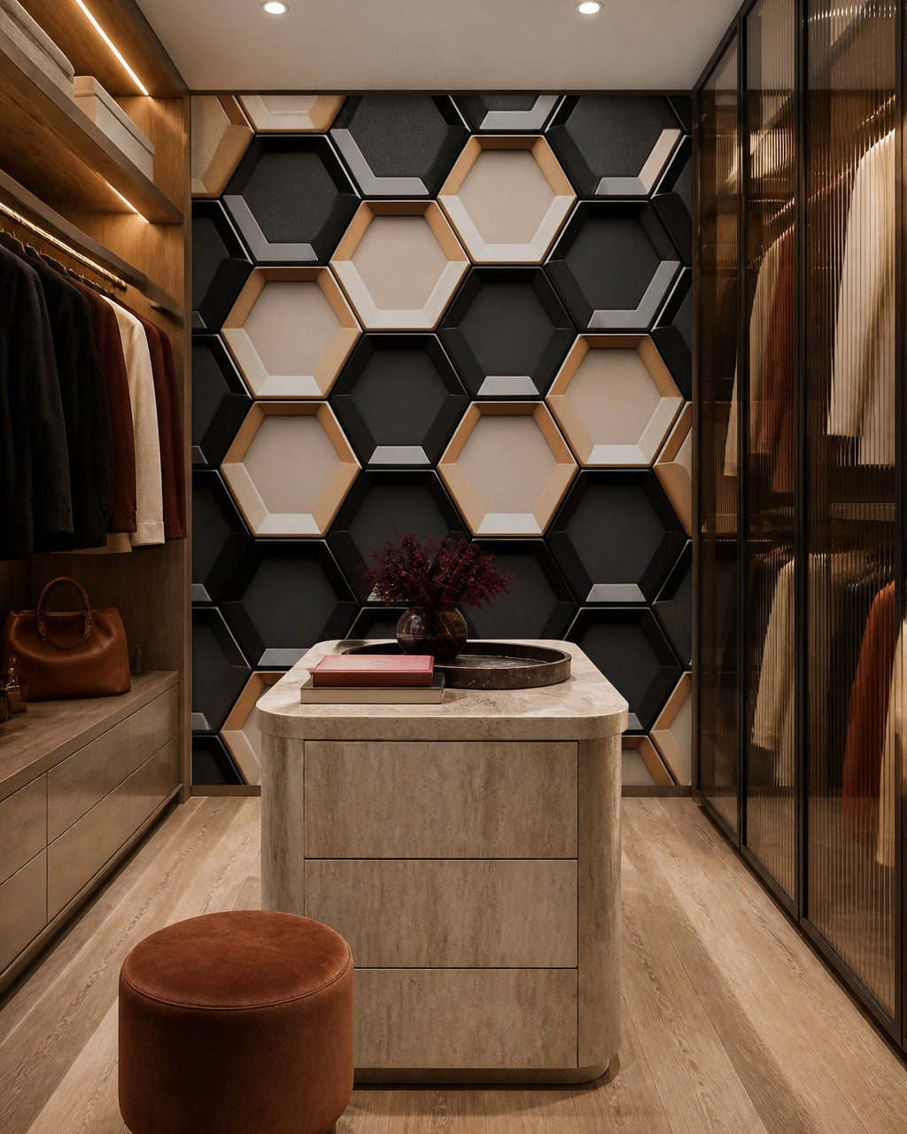 Modern hexagon wallpaper in a dressing room.