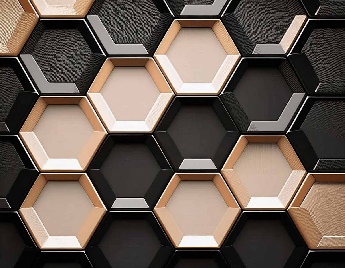 Fototapete Moderne Sechsecke – Schwarz-pfirsichfarbene 3D-Wabe