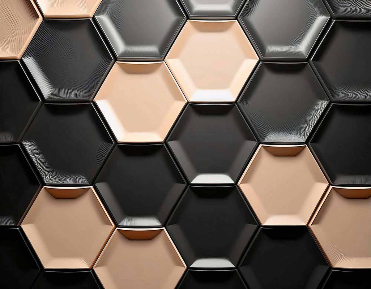 Papier peint hexagones métalliques – Papier peint panoramique nid d’abeille 3D noir et or rose