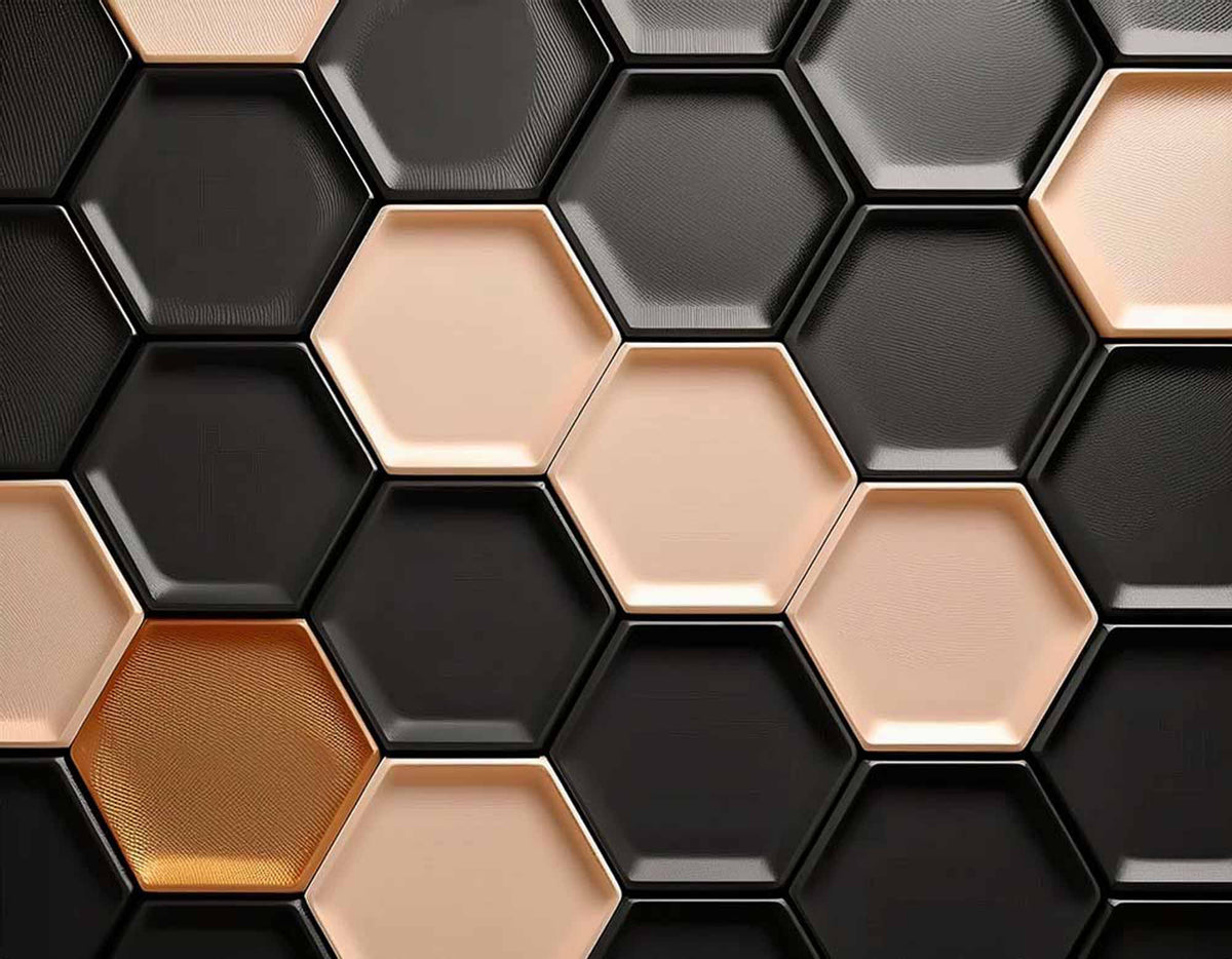 Fototapete Schwarz-goldene 3D-Sechsecke – Metallische Wabe