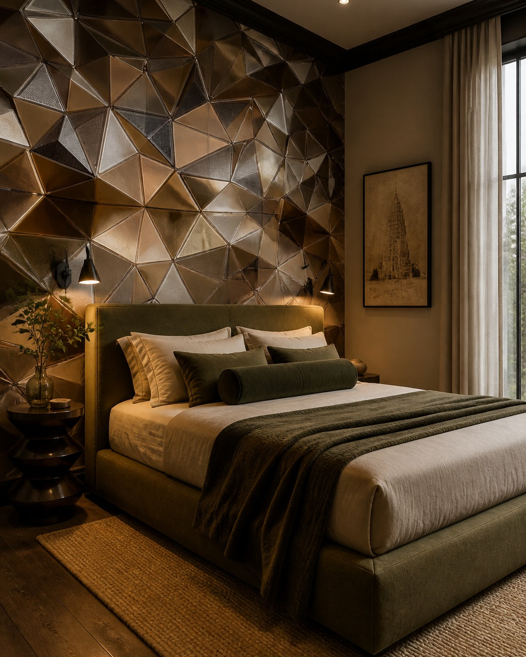 Gold 3D geometric wallpaper in a designer bedroom.