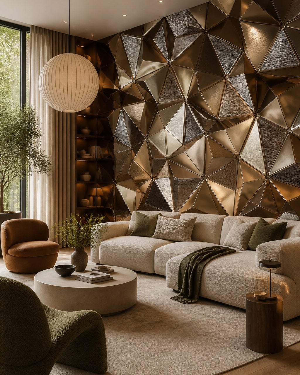 Gold 3D geometric wallpaper in a designer living room.
