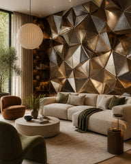 Gold 3D geometric wallpaper in a designer living room.