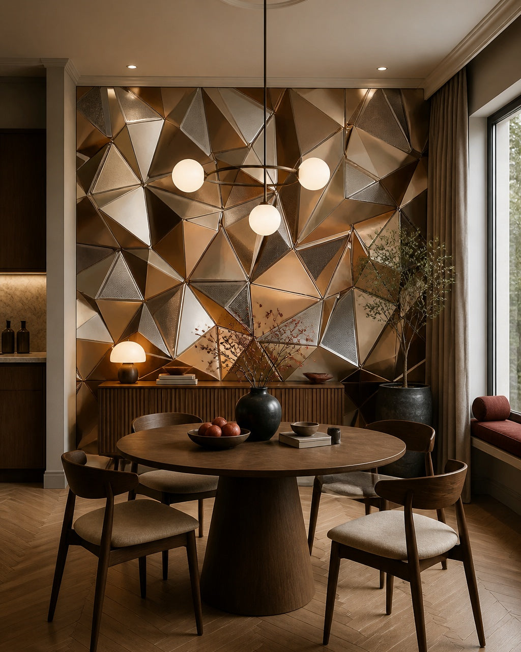 Gold 3D geometric wallpaper in a refined dining area.