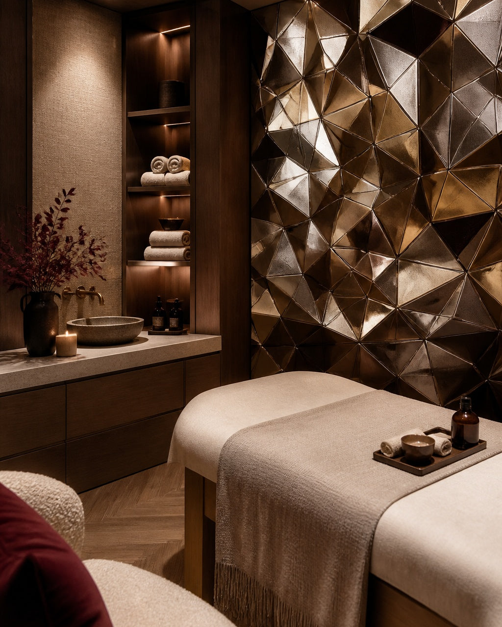 Gold 3D geometric wallpaper in a wellness spa.