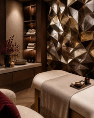 Gold 3D geometric wallpaper in a wellness spa.