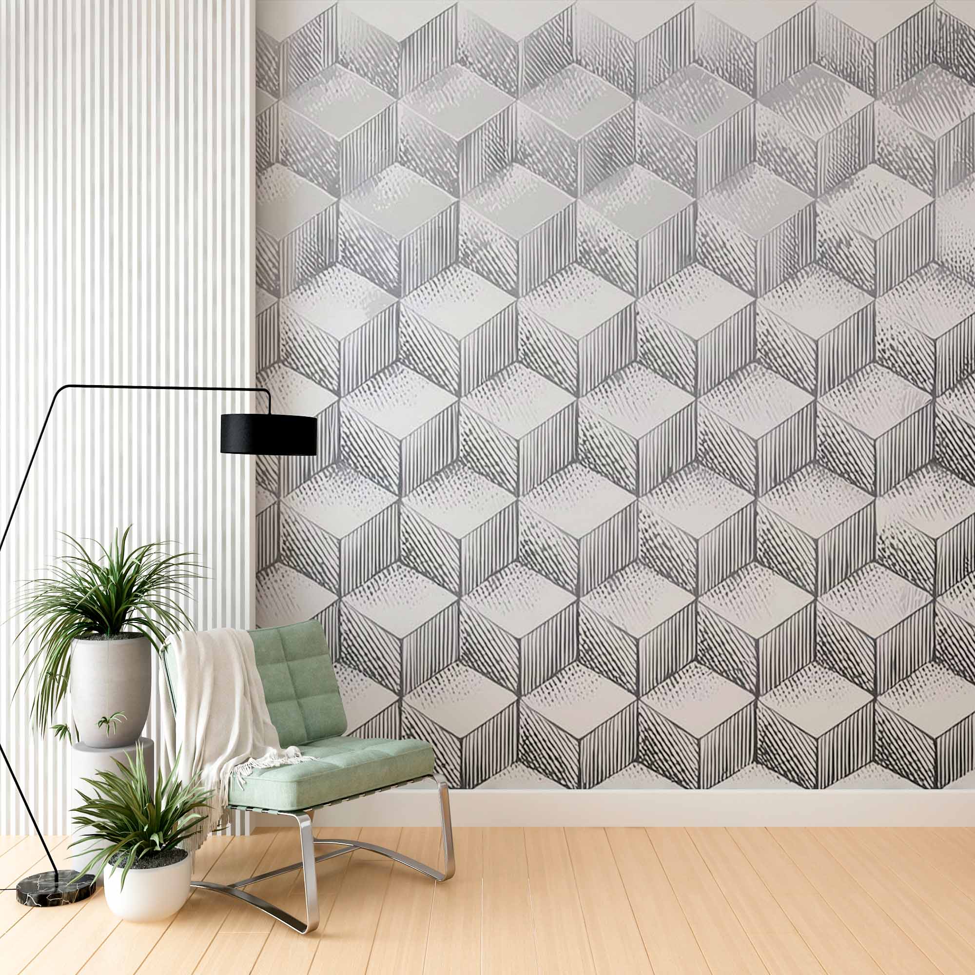 Monochrome Geometric Cubes Wallpaper Mural