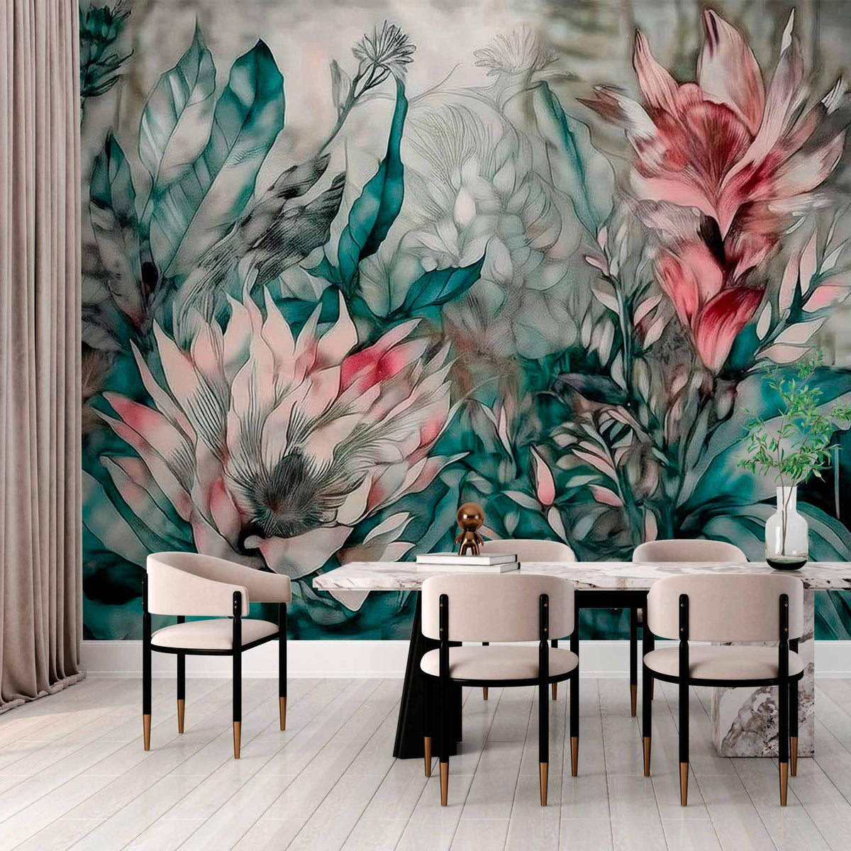 Artistiek botanisch behang – petrol en roze schilderachtige bloemen fotobehang