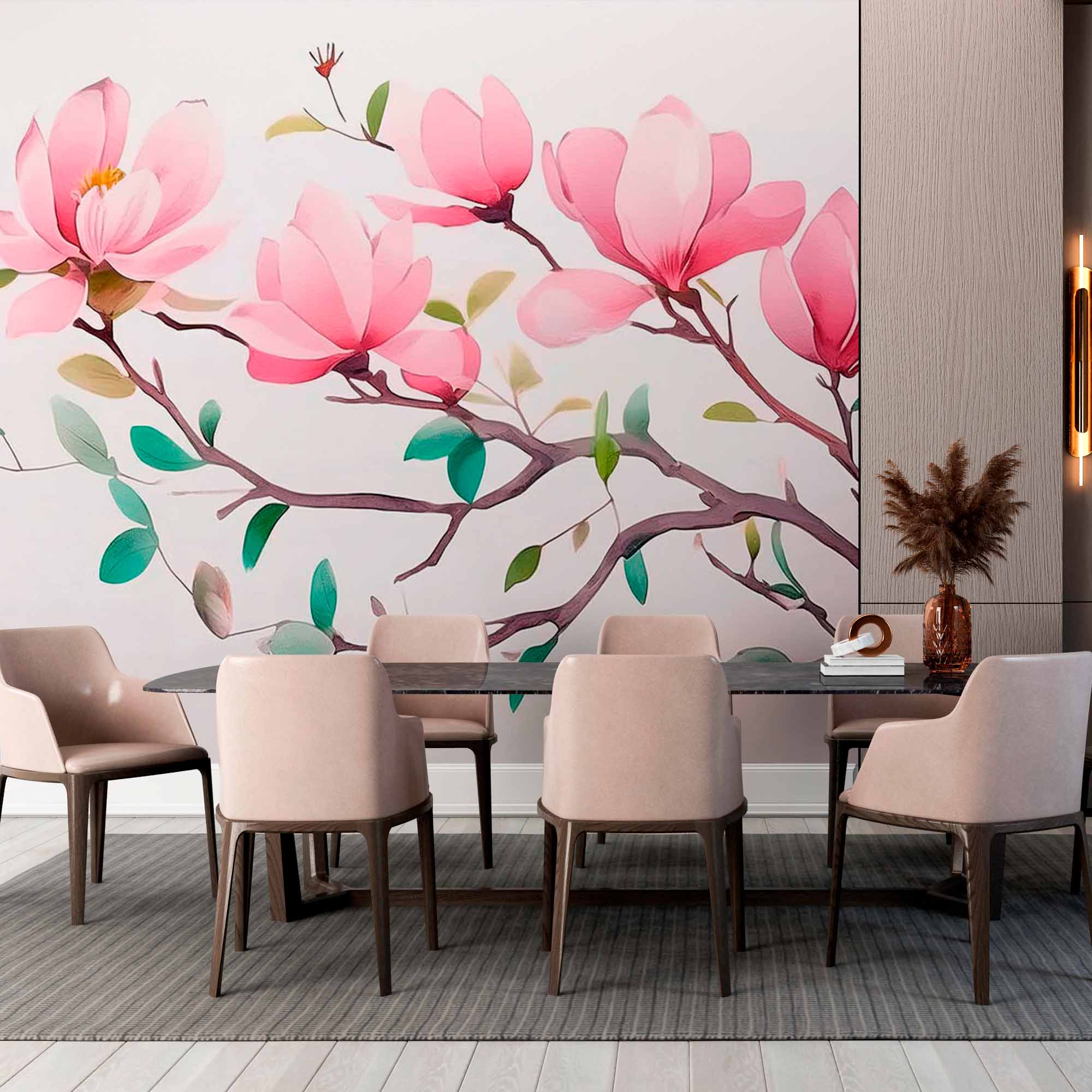 Tapeta ścienna z kwiatem magnolii - minimalistyczny kwiatowy wzór gałęzi