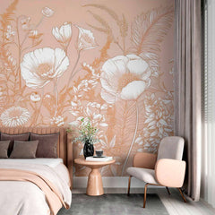 Custom Vintage Botanical Wallpaper Mural - Wildflower Line Art Design