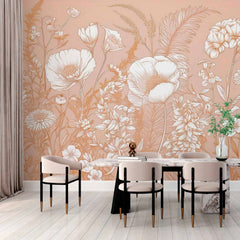 Custom Vintage Botanical Wallpaper Mural - Wildflower Line Art Design