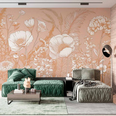 Custom Vintage Botanical Wallpaper Mural - Wildflower Line Art Design