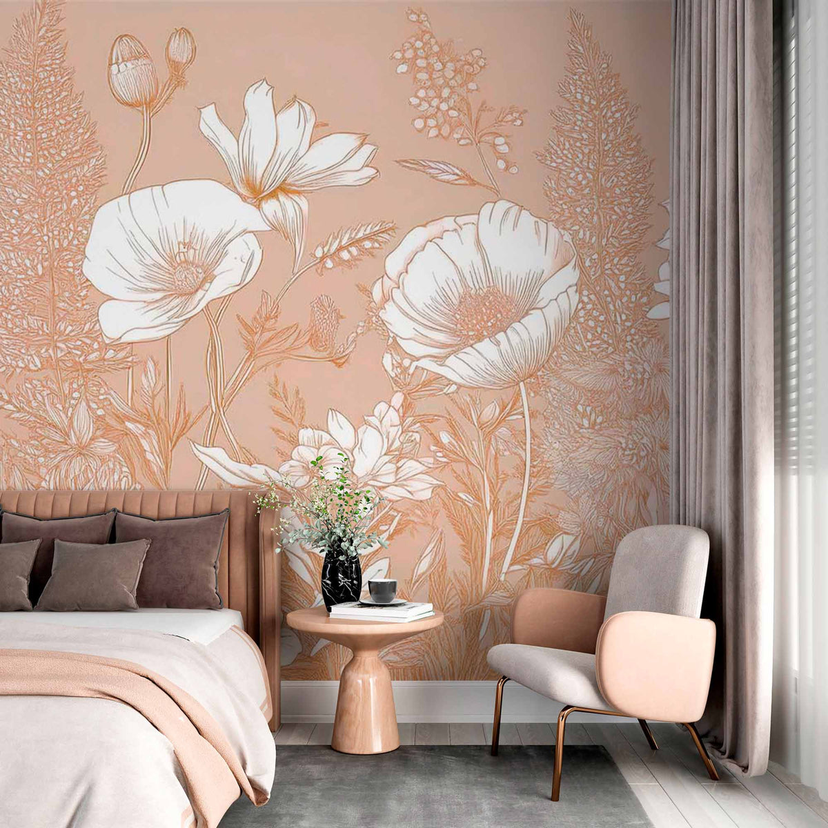 Tapeta fototapeta z grafiką botaniczną - ziemisty kwiatowy szkic