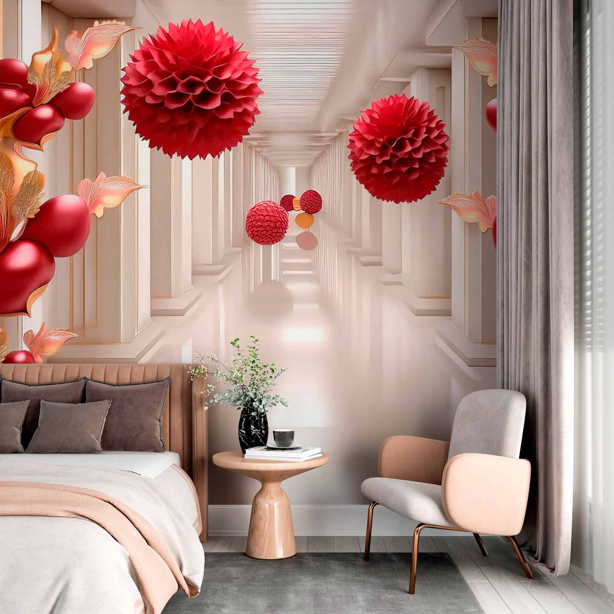 Royal Hallway with Red Floral Design Wallpaper Mural