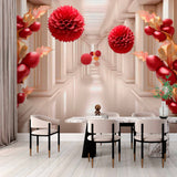 Royal Hallway with Red Floral Design Wallpaper Mural