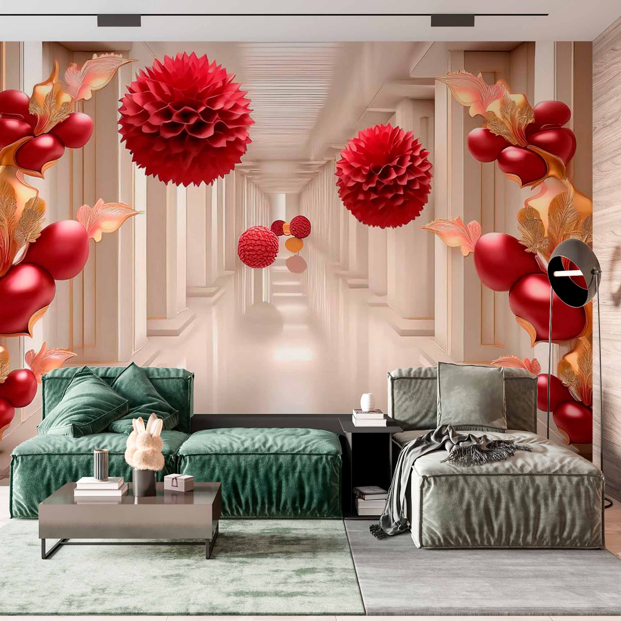 Royal Hallway with Red Floral Design Wallpaper Mural